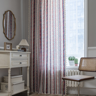 Yiman Qiyun Curtain Finished Stripe Printed Tassel Small Window Kitchen Curtain Cotton and Linen Semi-Shaded Bay Window Factory Direct Supply