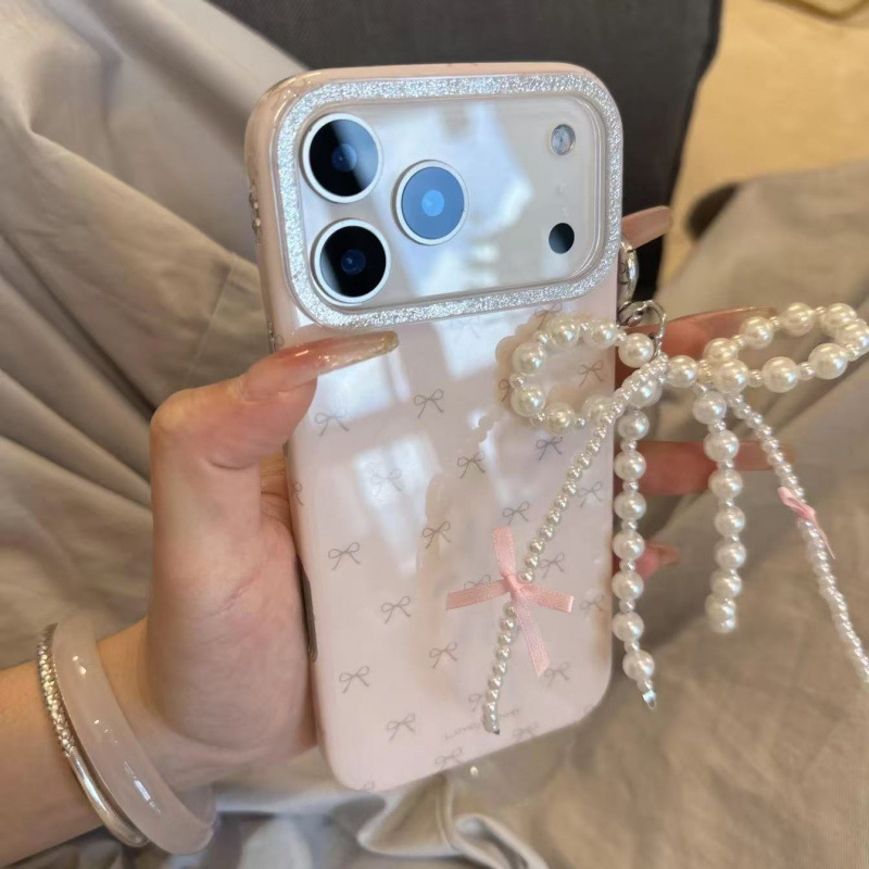 韩系温柔粉色蝴蝶结珍珠链条适用iPhone17promax苹果16手机壳15潮|undefined