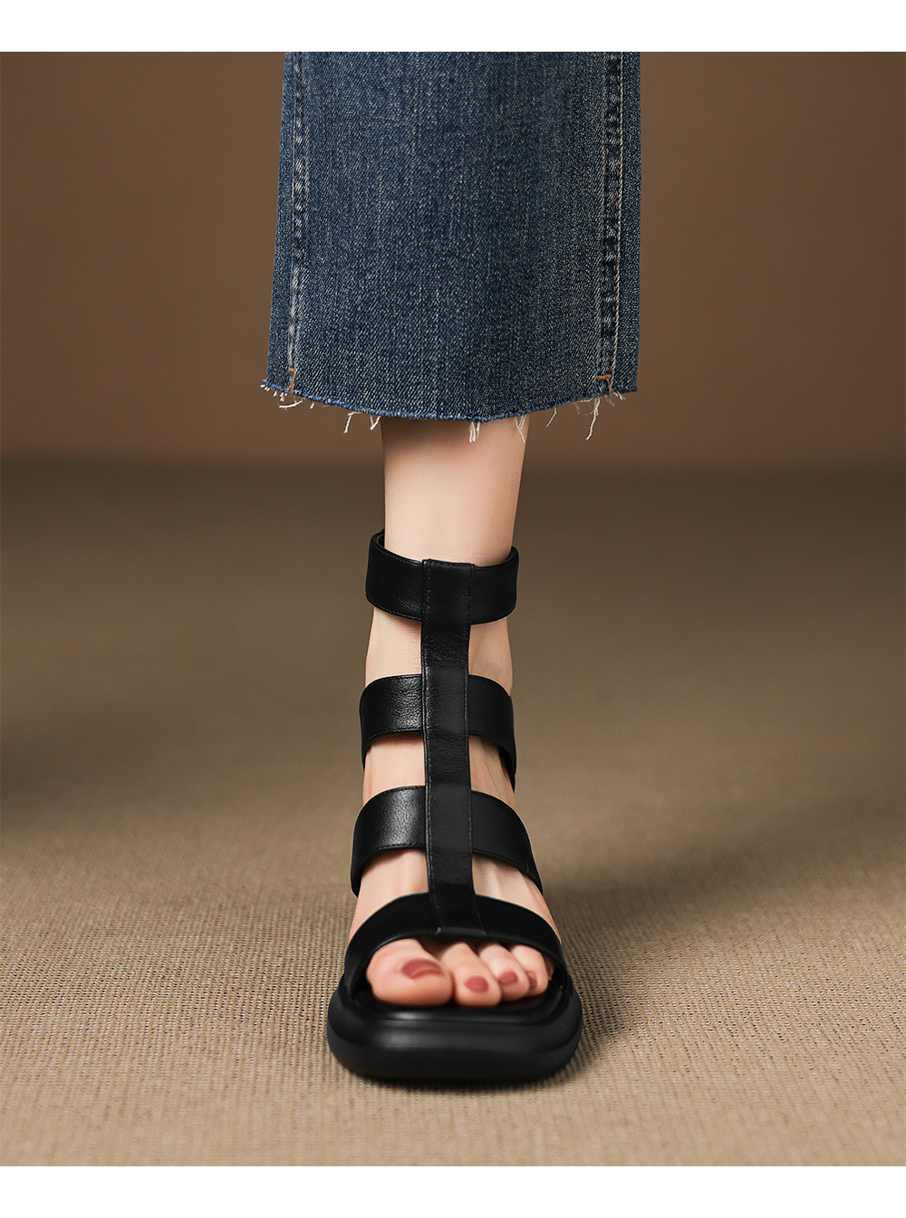 Sandal cao gót nữ mũi vuông hở ngón chân, chất da bò thô, gót 9 cm — đen chi tiết 13