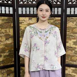2026夏季新中式苎麻T恤女文艺苎麻女装圆领短袖宽松刺绣套头小衫