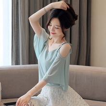 一字领雪纺衫女2025短袖夏季韩版女装宽松显瘦露肩上衣潮荷叶袖