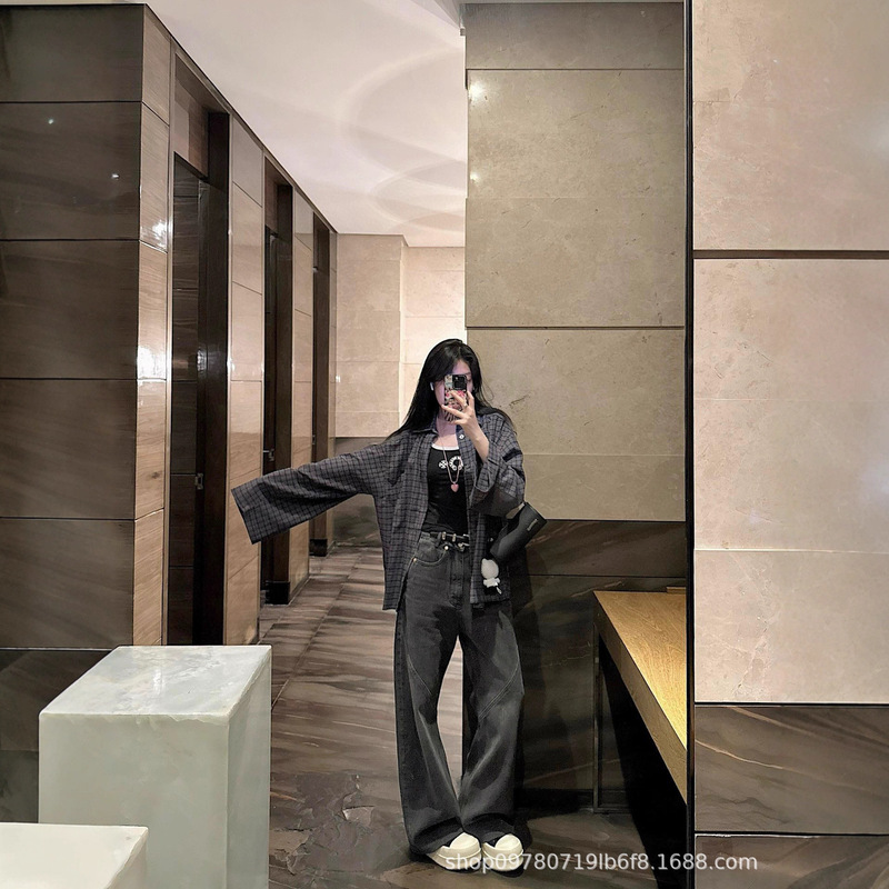 AC25SS新款休闲复古格纹拼接衬衣女潮牌宽松情侣长袖上衣|undefined