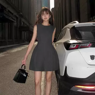跨境灰色无袖背心连衣裙女2024春夏新款叠穿气质收腰小个子短裙