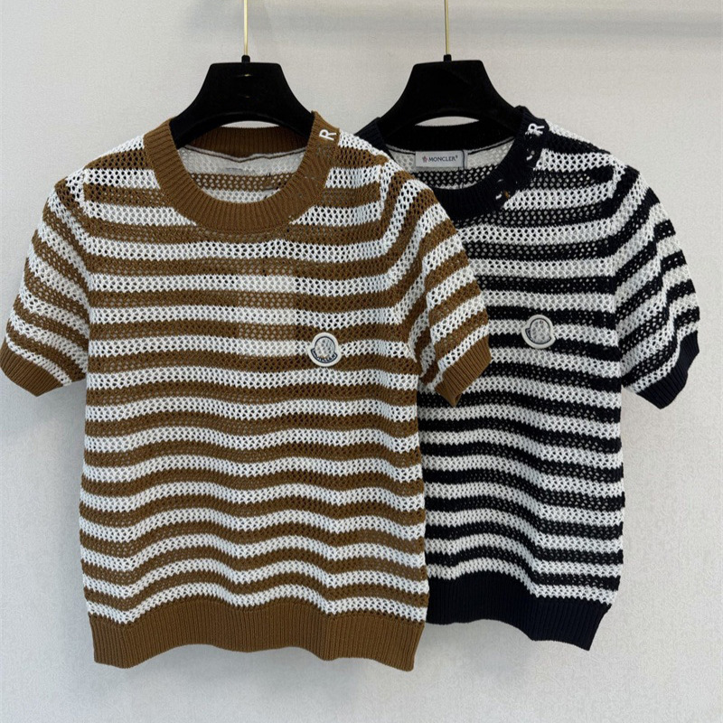 Dalong Original Brand Moncler-Style Striped Hollow Knit Short Sleeve 2026 Summer Breathable Mesh Color-Block Crew Neck T-Shirt Dalong Original Brand Moncler-Style Striped Hollow Knit Short Sleeve 2026 Summer Breathable Mesh Color-Block Crew Neck T-Shirt