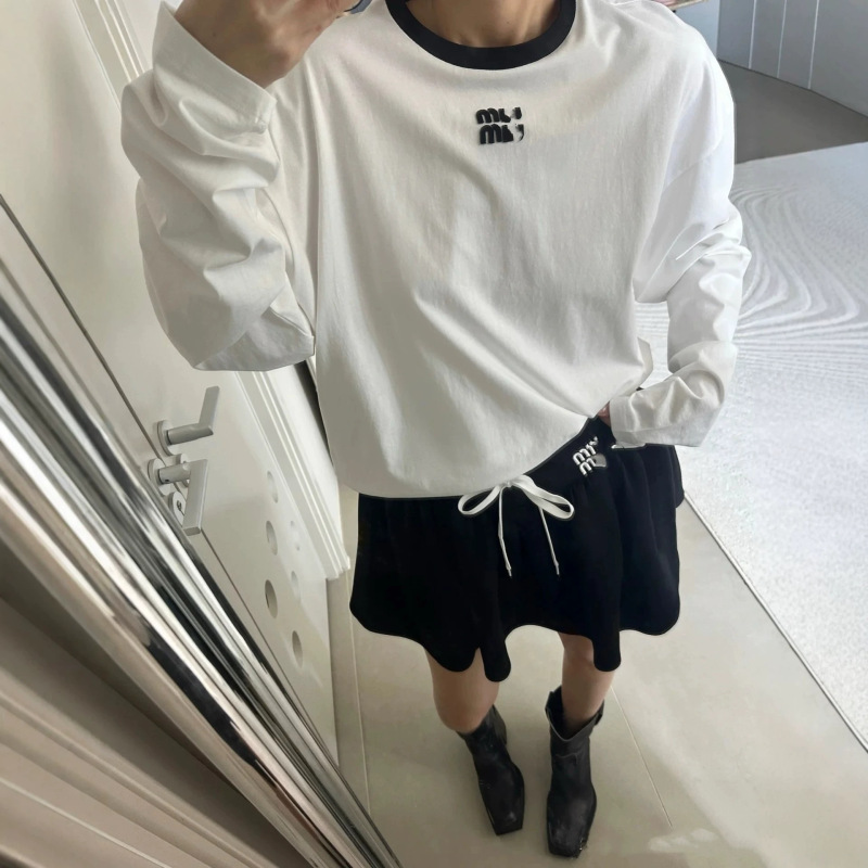 High-quality MU color-blocked collar long-sleeve Korean-style embroidered letter knit top for women, loose round-neck T-shirt, casual style top