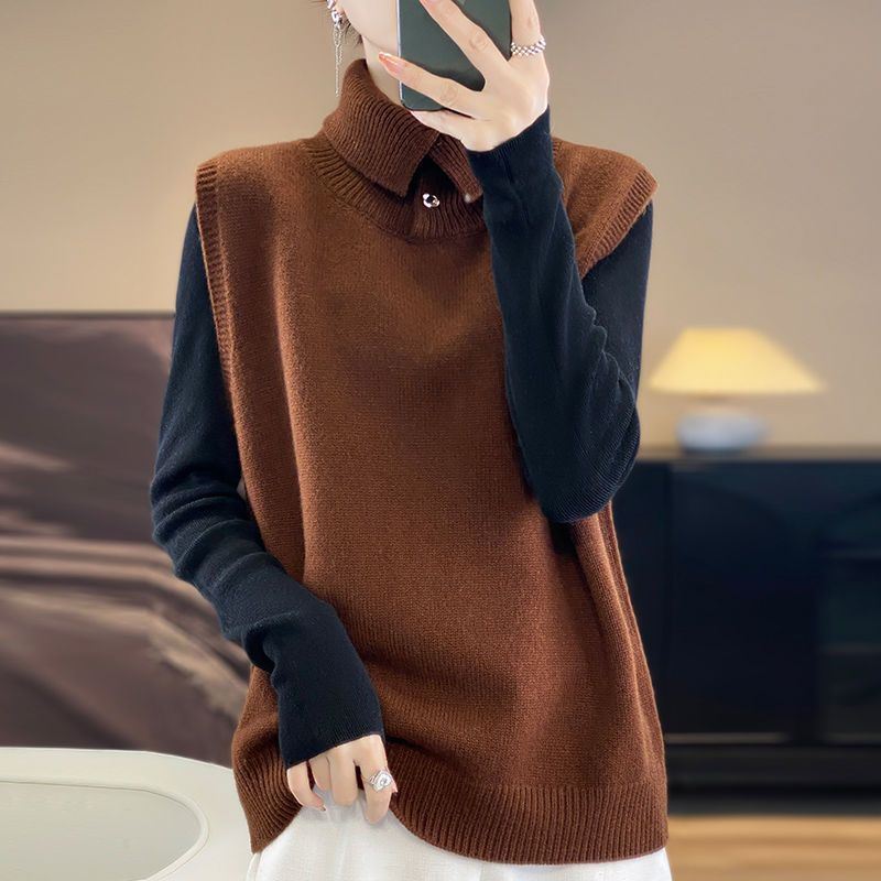 Nuevo chaleco de cuello alto de otoño y invierno chaleco de punto de moda de color sólido con hombros suéteres sueltos sin mangas