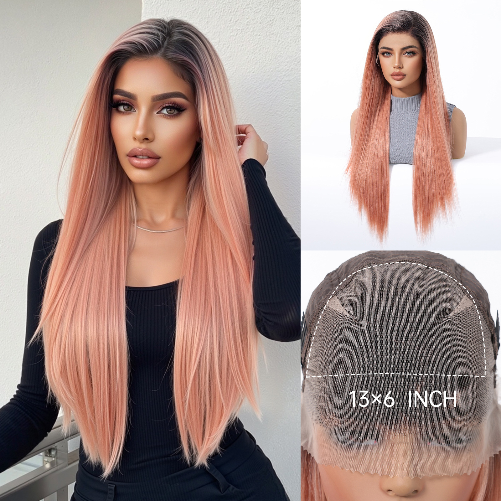 Peluca de encaje de área grande 13*6, cabello largo y liso rojo vino femenino, división aleatoria de celebridades de Internet, lugar de fábrica dulce de verano image 1