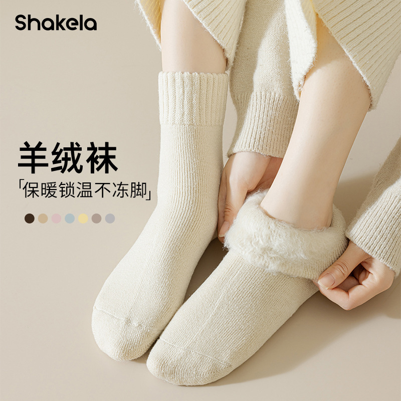 Socks Women's Winter fleece-lined Thickened Brushed Mid-length Socks Home Warm Moon Socks Sleeping Floor Socks Cashmere Stockings