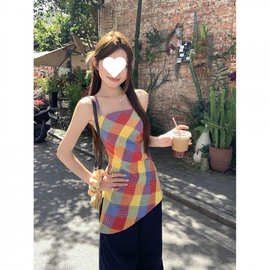 2026设计感彩色格子吊带背心女夏季新款甜辣妹叠穿不规则设计感外