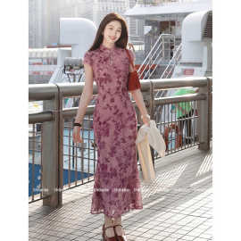 日常可穿高级感粉玫瑰连衣裙女2026夏季新款新中式弹力网纱旗袍潮