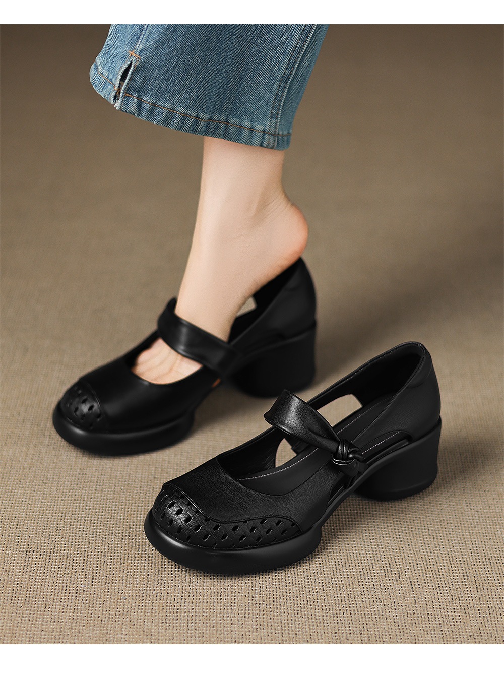 Giày sandal cao gót nữ quai ngang da bò mũi kín gót dày — đen chi tiết 11