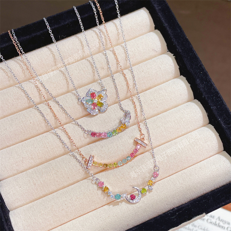 S925 Silver Inlaid Rainbow Tourmaline Necklace Live Broadcast Source of Goods Women's Pendant Clavicle Chain Fashion Jewelry