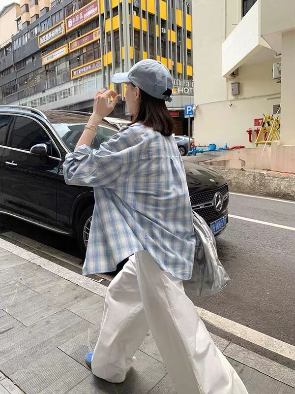 Sweet Cool Style Gray Blue Contrast Color Plaid Shirt Women's Long-sleeved All-match Cute Casual Niche Sunscreen Salt Coat Black
