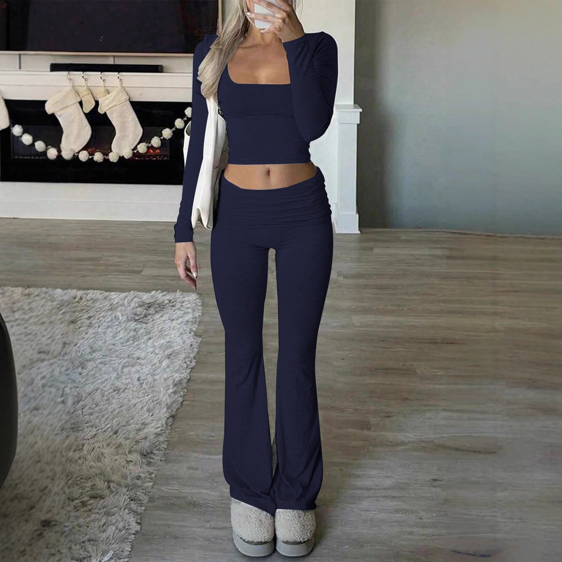 Damen-Trainingsanzug-Set aus geripptem Strick, bestehend aus einem langärmeligen Oberteil mit eckigem Ausschnitt und einer Jogginghose – lässige Loungewear_voghion.com