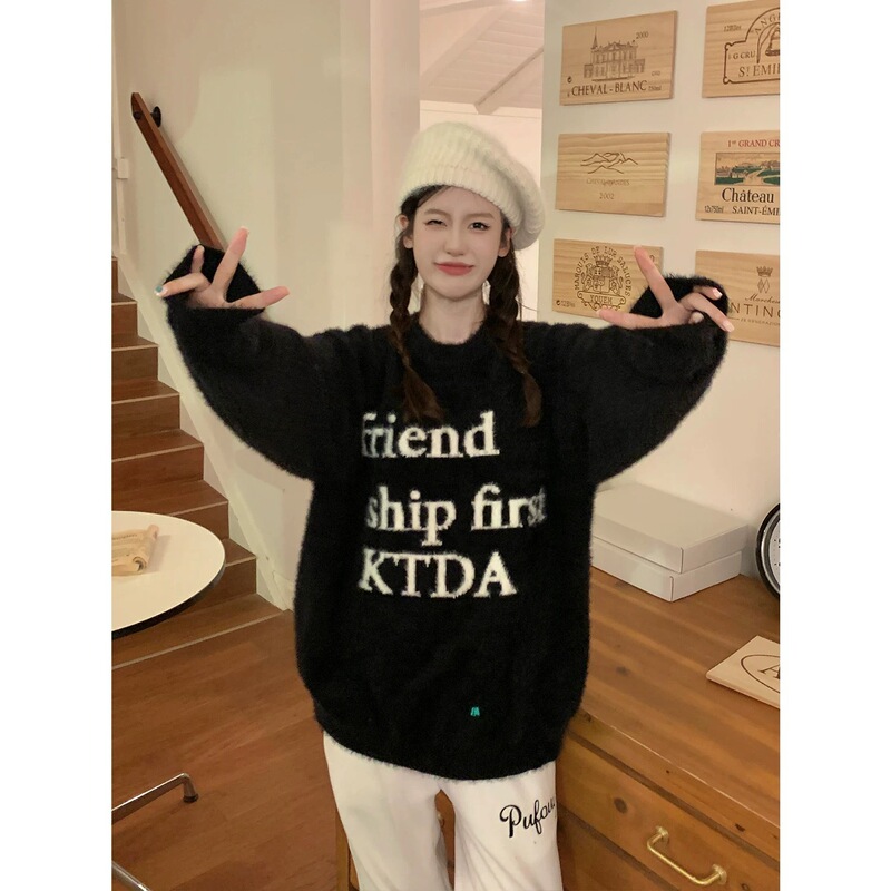 KTDA Letter Logo Jacquard Knitwear Crewneck Mohair Pullover Sweater Couple Long Sleeve Basic Casual National Fashion