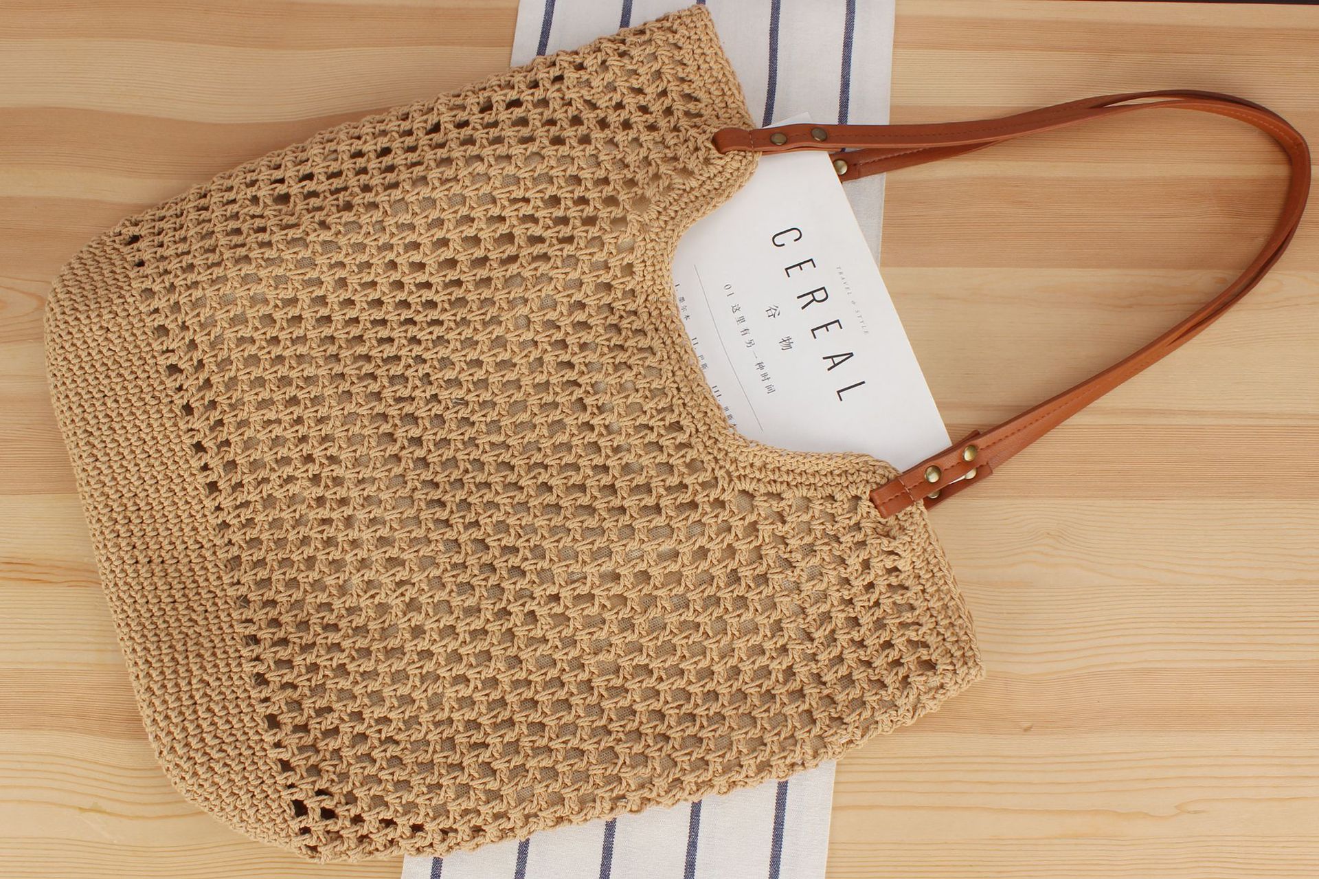 Large Size Women's Vacation Beach Solid Color Cotton Shopping Bags