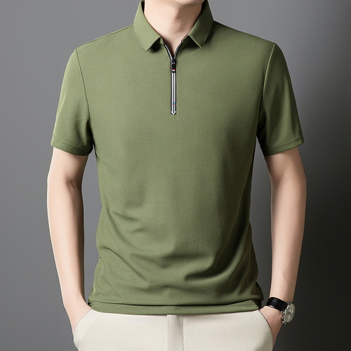 Summer Men's Short-Sleeve Chiffon T-Shirt with Zipper Decoration, Suitable for Middle-Aged Men, Collared Casual Trendy Top