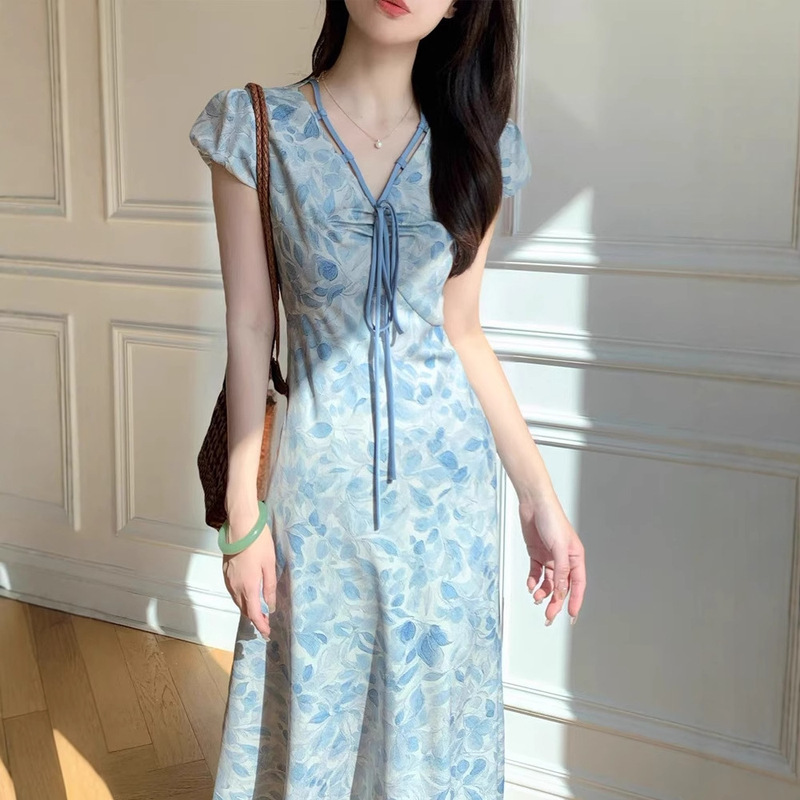 2025 Spring, Summer and Autumn New Style A-Line Waist Elegant Elegant White Blue Printed French Short-Sleeved Dress for Women