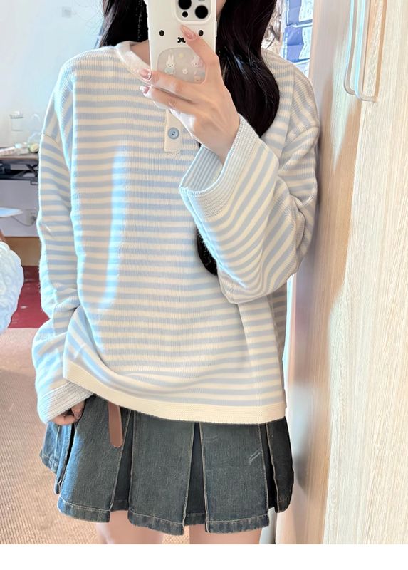 绵羊绒#韩系复古蓝色条纹纽扣长袖针织衫女秋冬休闲百搭显瘦上衣|undefined