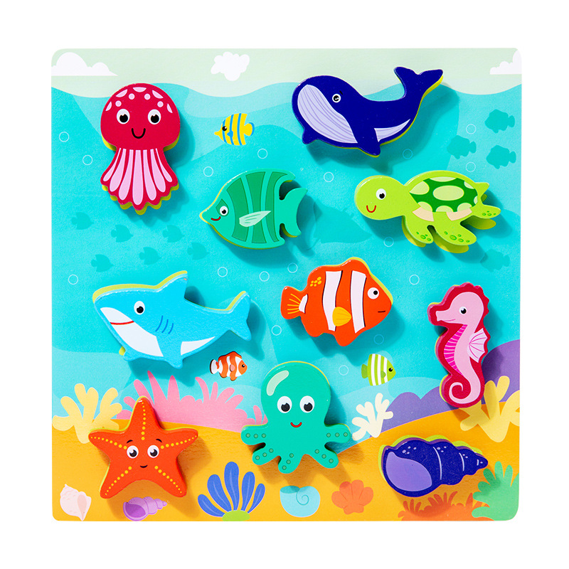 Jardín de infantes iluminación cognitiva infantil dibujos animados cognición animal agarrar tablero de madera puzzle tridimensional juguetes de madera image 12