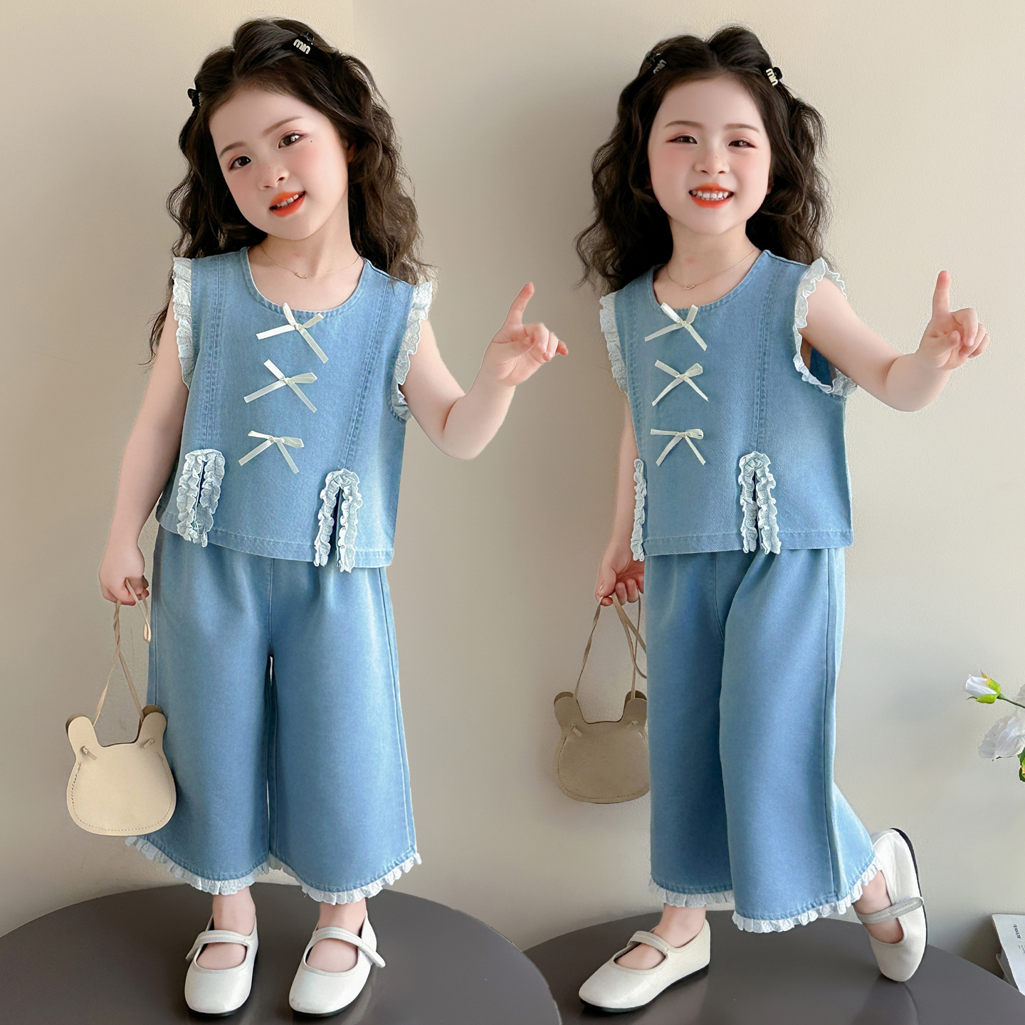 Girls' Lace-Trimmed Thin Faux Denim Outfit Stylish Children's Summer New Wide-Leg Pants Two-Piece Set for Little Girls