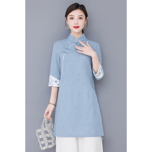 Chinese Style Retro Literary Stand-Up Collar Buttoned Mid-Length Cheongsam Top Zen Zen Clothing Three-Quarter Sleeve Shirt Tang Suit Tea Suit