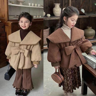 Girls' Coat with Large Collar, Japanese Style, Ladylike, Quilted and Fleece-Lined, Thick Cotton Jacket, Top, 2025 Winter New Foreign Trade Children's Clothing