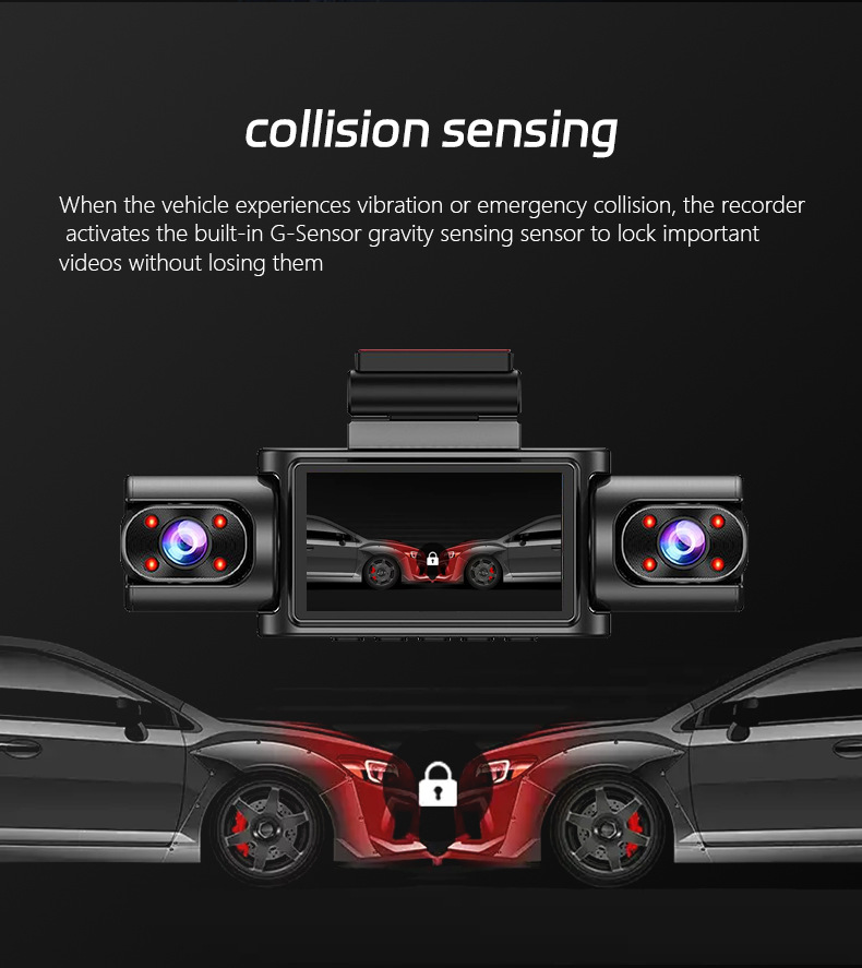 3inch Large-screen quad-recording dashcam with infrared night vision, gravity sensor, radar, parking sentinel, and in-car recorder