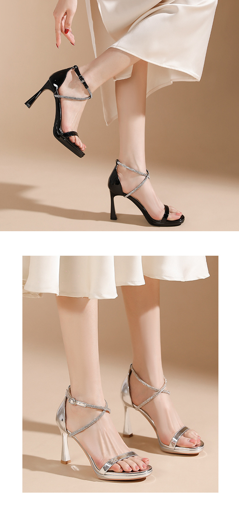 Sandal cao gót nữ mũi tròn quai chéo đan thanh lịch — màu đen chi tiết 7