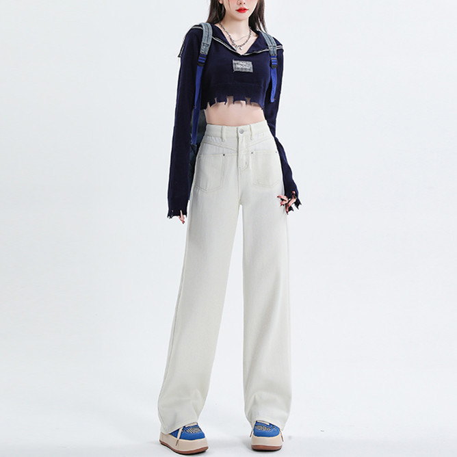 女性用ストレートジーンズ、春と秋の新しいスタイル、ハイウエスト韓国デザイン、オフホワイトのゆったりとしたワイドレッグフロアレングスパンツ