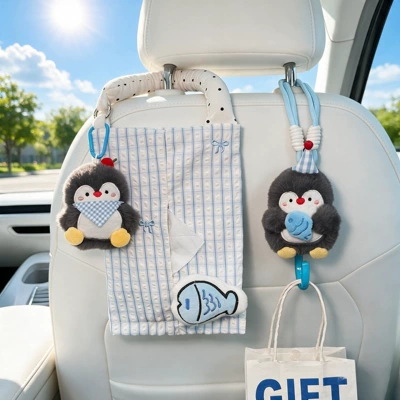 Penguin Car Tissue Holder, Hanging: Car tissue box/set - penguin-bib-tissue-holder-party-fish-hook