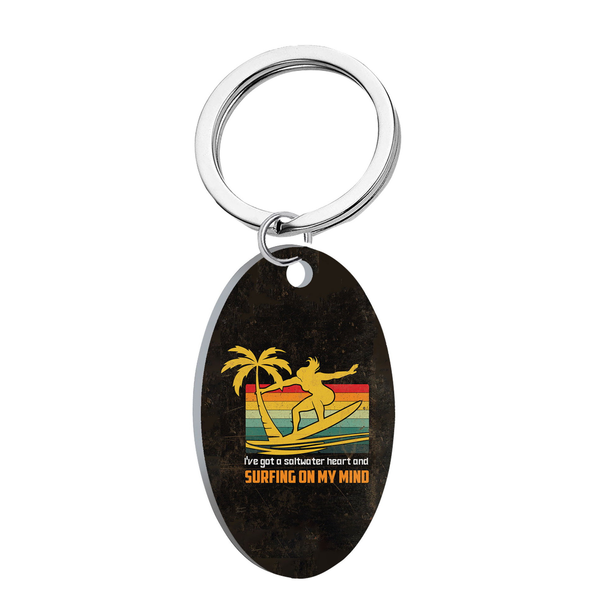 Amazon transfronteriza de acero inoxidable surf vintage teléfono móvil colgante llavero oval letras accesorios imagen impresa al por mayor