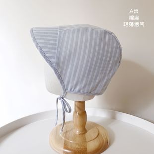 Spring and Autumn Korean Style Linen Cotton Soft and Breathable Baby Large Brim Sun Hat Fresh Stripesd Baby Sun Hat Small Month Old Hat