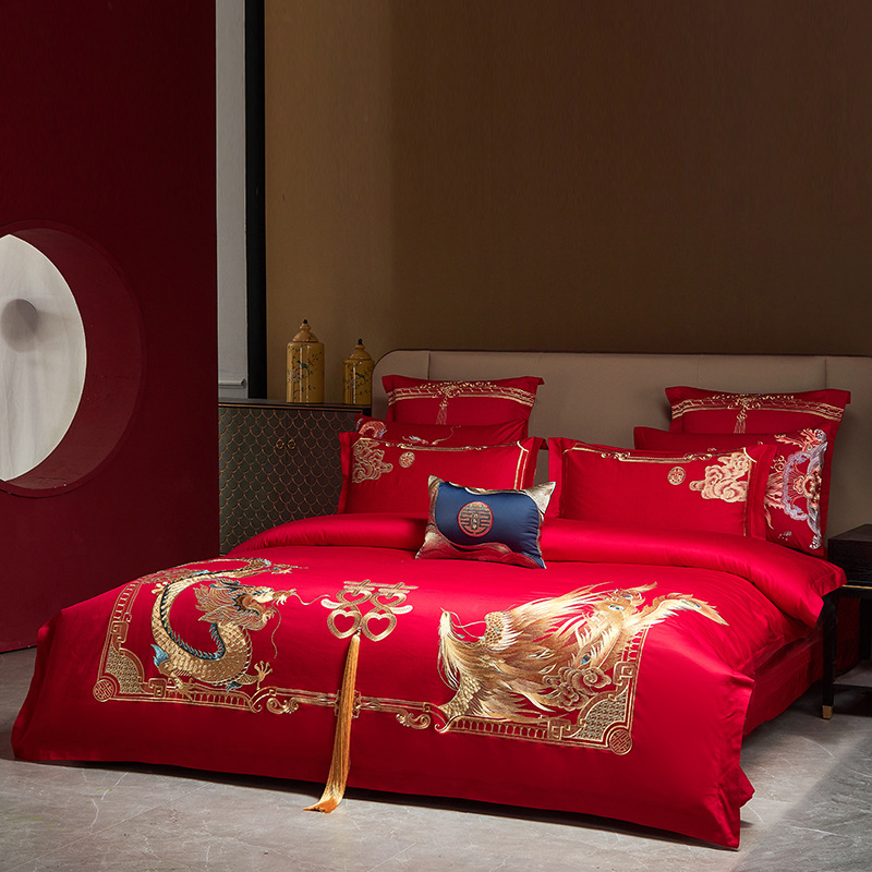 Juego de cuatro piezas de algodón puro para dote de novia, color rojo brillante, funda de edredón bordada totalmente de algodón, sábana de cama de boda, cubrecama, ropa de cama para todas las estaciones.