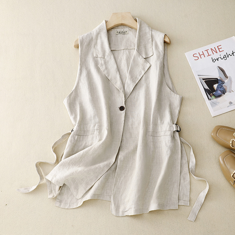 Summer New plus size Cotton and Linen Vest Mid-length Thin Sleeveless Suit Vest Loose Women's Waistcoat
