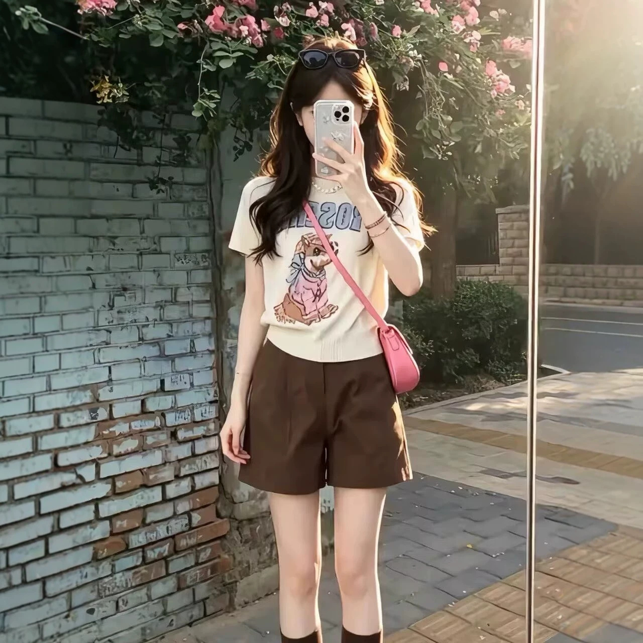 Áo thun nữ cổ tròn tay ngắn họa tiết thêu jacquard phong cách cổ điển — màu trắng chi tiết 3