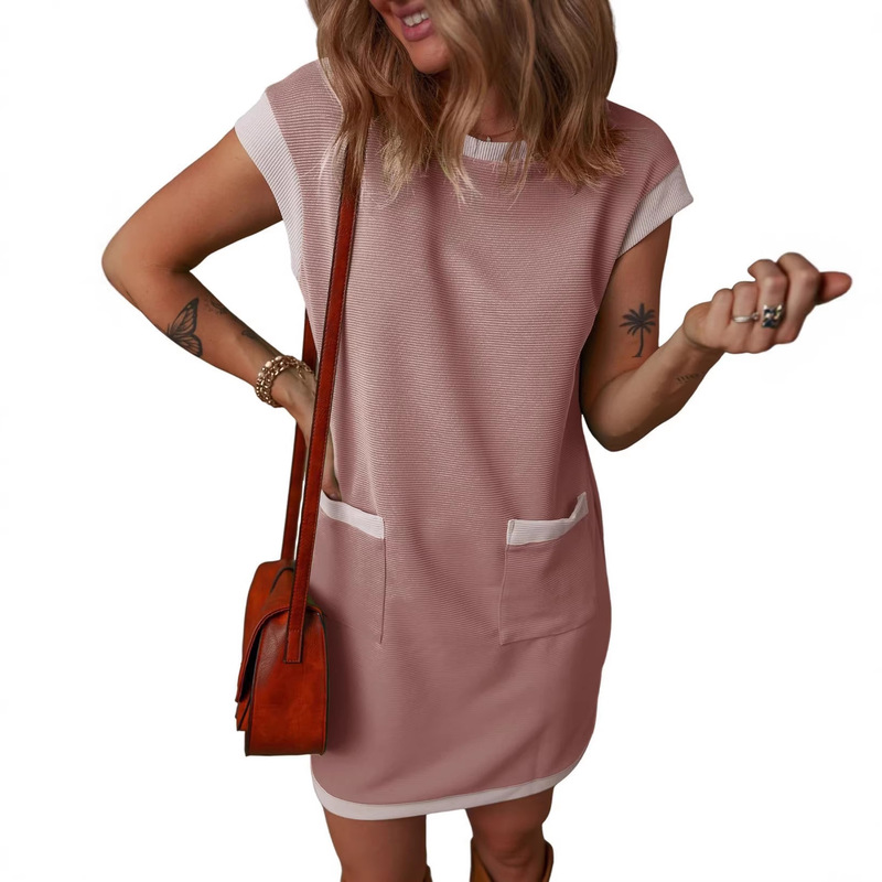 2026 Spring/Summer European and American Cross-Border Foreign Trade Pullover Pocket Cap Sleeve Color-Block Straight T-Shirt Mini Dress for Women 2026 Spring/Summer European and American Cross-Border Foreign Trade Pullover Pocket Cap Sleeve Color-Block Straight T-Shirt Mini Dress for Women