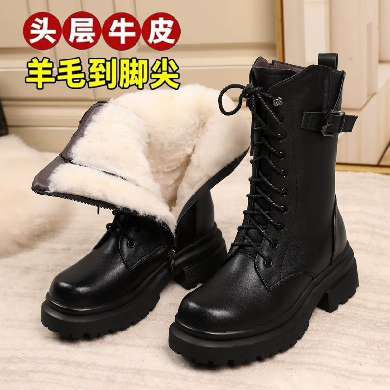 Женские зимние сапоги на толстой подошве, зимние сапоги из натуральной кожи и шерсти, цельные зимние сапоги на меху, женские сапоги больших размеров, Ботинки Martin средней длины