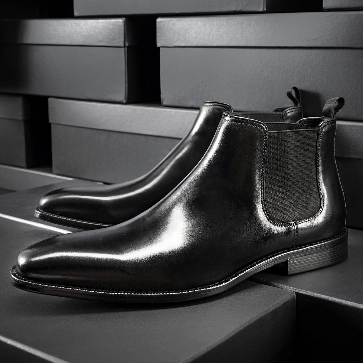 25-810 British Men's Leather Business Boots Low-Top Casual Soft Surface Wedding Retro Trendy Chelsea Men's Shoes