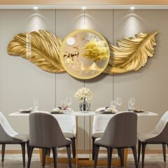 新中式餐廳金色羽毛現代簡約輕奢高檔大氣裝飾畫背景牆掛畫組合