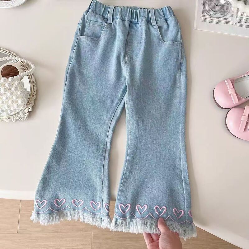 2024 New Girls' Love Lace Jeans Autumn Stylish Children's Fashionable Baby Girls' Trumpet Pants
