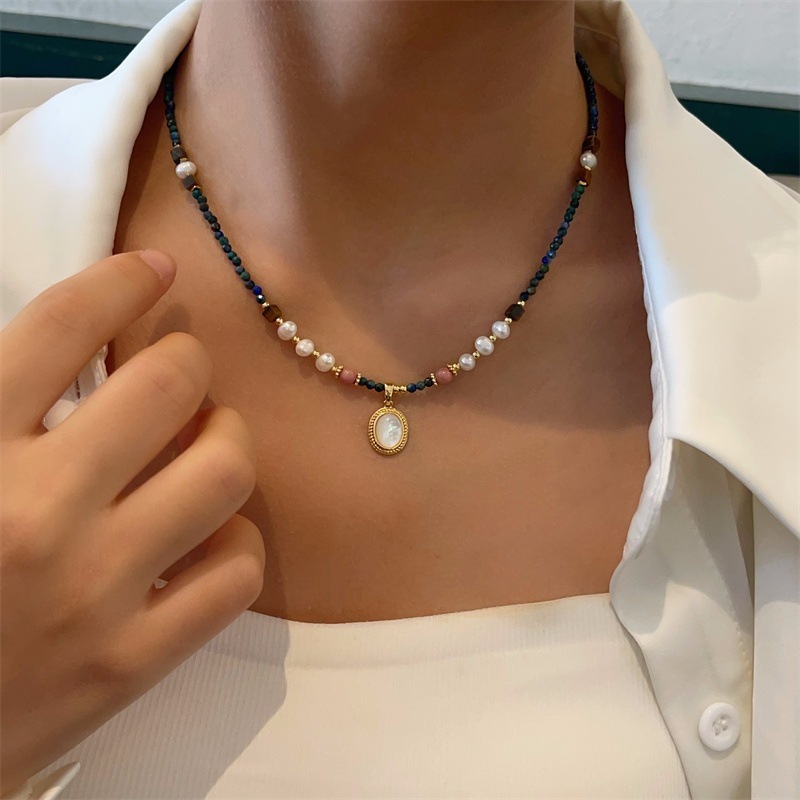 天然淡水本真珠パールシェルペンダントネックレスレトロフェニックスラピスビーズ鎖骨チェーンシンプルで新鮮|undefined