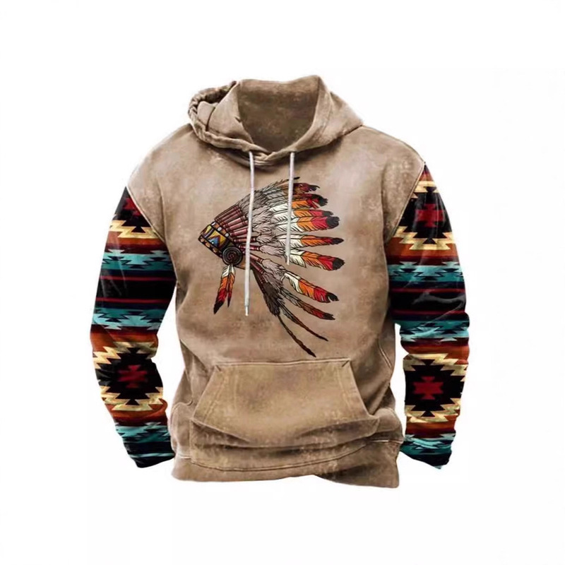 Retro Aztec Style Feather Hoodie, Western Ethnic Style Couple's Casual Pullover Printed Hoodie