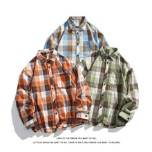 2024新款男士复古宽松格子翻领长袖衬衫韩版大码潮流休闲开衫衬衣