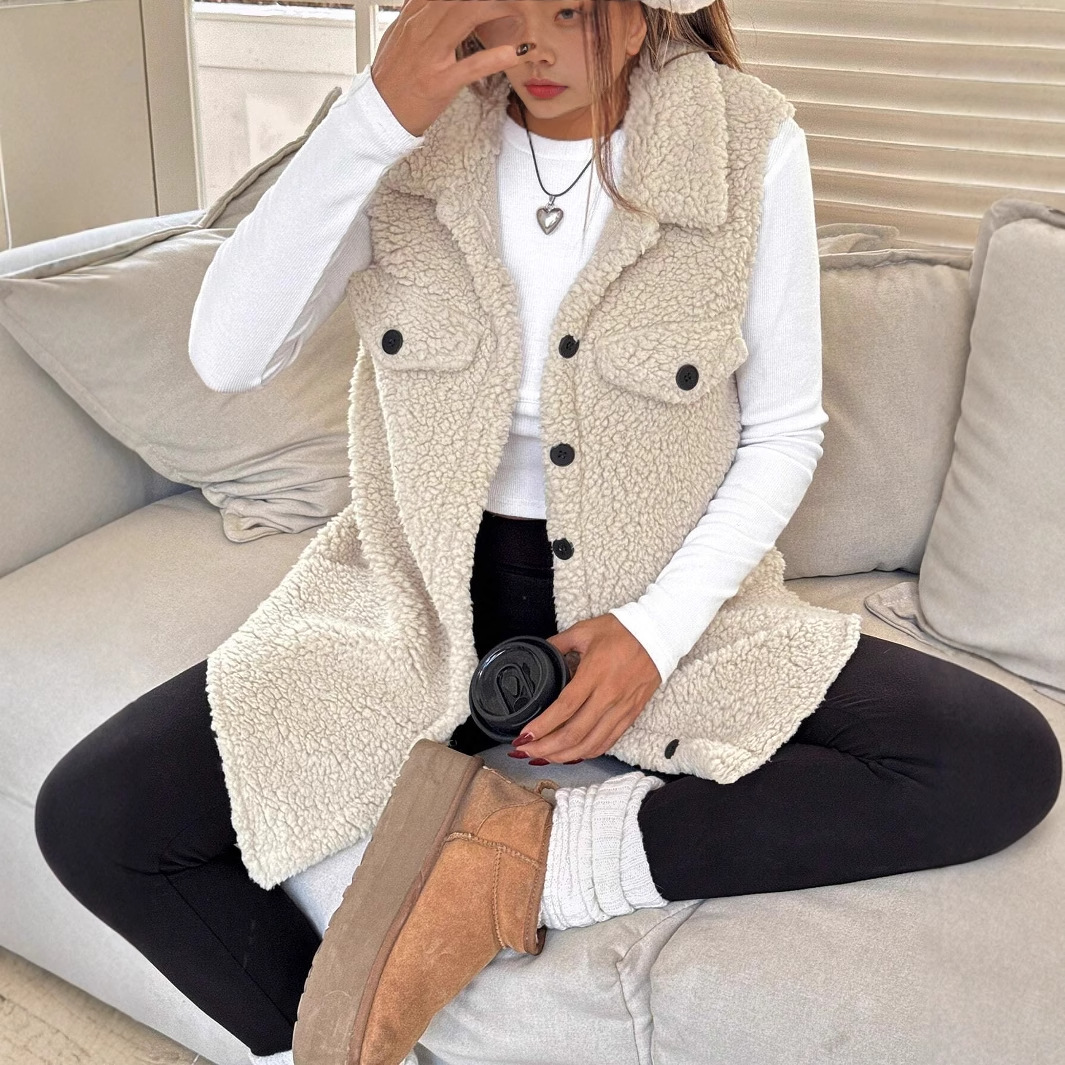 Cárdigan de forro polar acogedor con solapa y botones para mujer, informal, holgado, de invierno (tallas S-XXL, colores lisos)_voghion.com