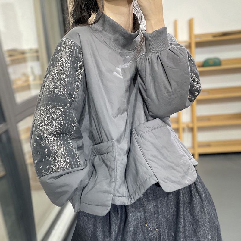 Autumn and Winter Korean Retro Floral Patchwork Half-High Collar Loose Plus-Size Unique Pocket Versatile Cotton Sweatshirt for Women