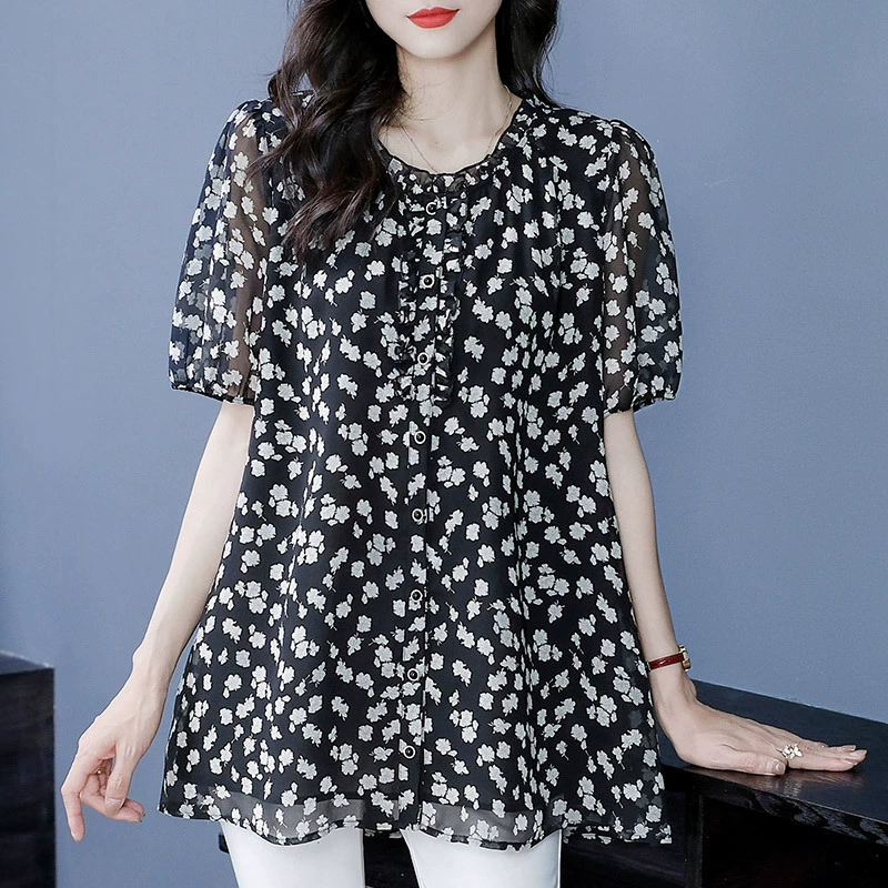 240 кг летняя шифоновая рубашка больших размеров с короткими рукавами и цветочным принтом, Свободный Топ с деревянными ушками, женская одежда среднего возраста