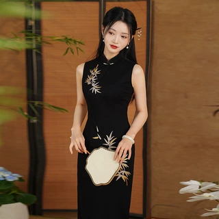 改良旗袍新中式国风竹叶刺绣黑色连衣裙气质名媛高级感宴会礼服裙