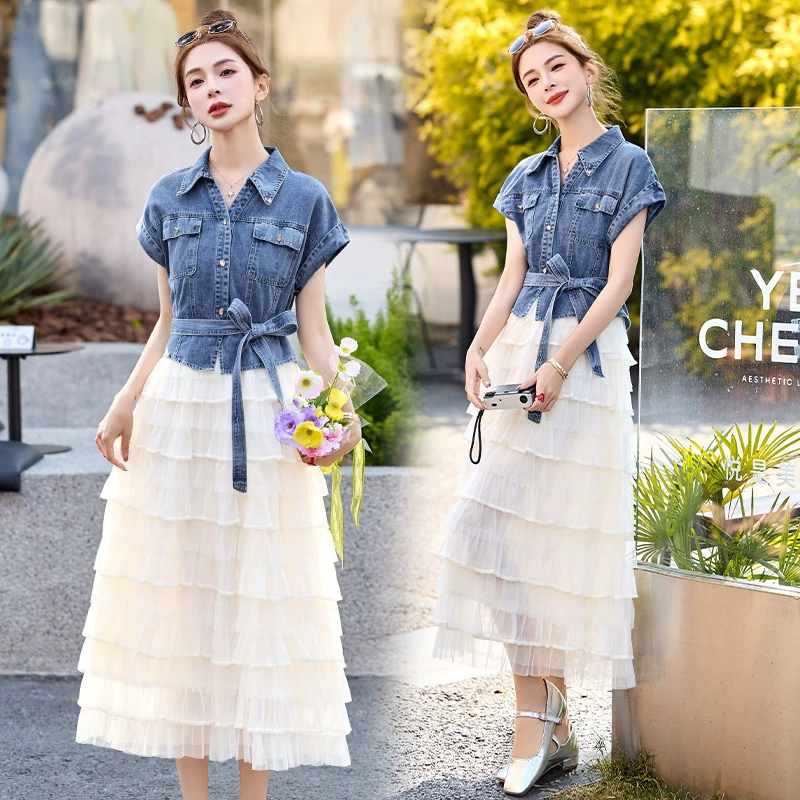 2025 лето корейская мода новый темперамент сладкая с короткими рукавами сетчатая пряжа с поддельными двумя частями торт джинсовое платье