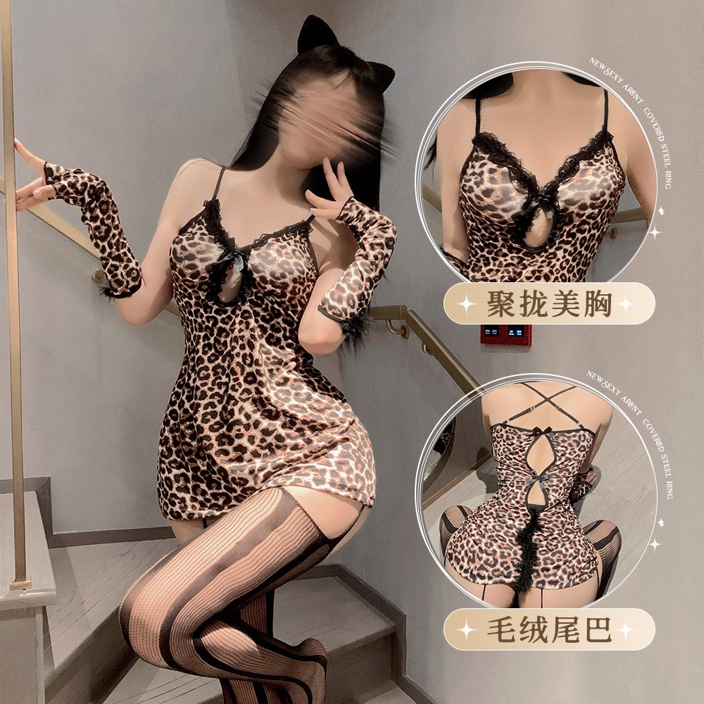 시즌말 섹시한 순수한 욕망 레이스 레오파드 프린트 힙 커버 서스펜더 스커트 작은 가슴이 더 커 보이는 레오파드 걸 나이트 가운 섹시한 속옷